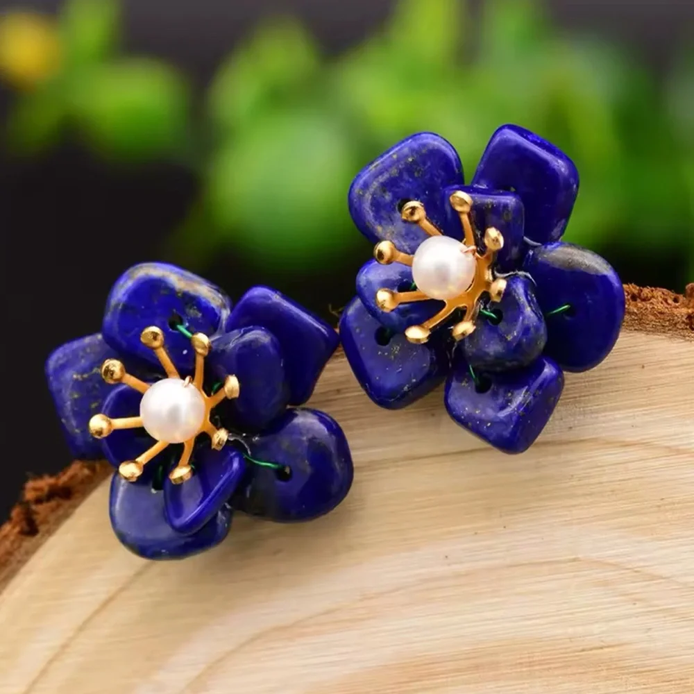 LAPIS AND PEARL FLORAL HANDMADE EARRINGS